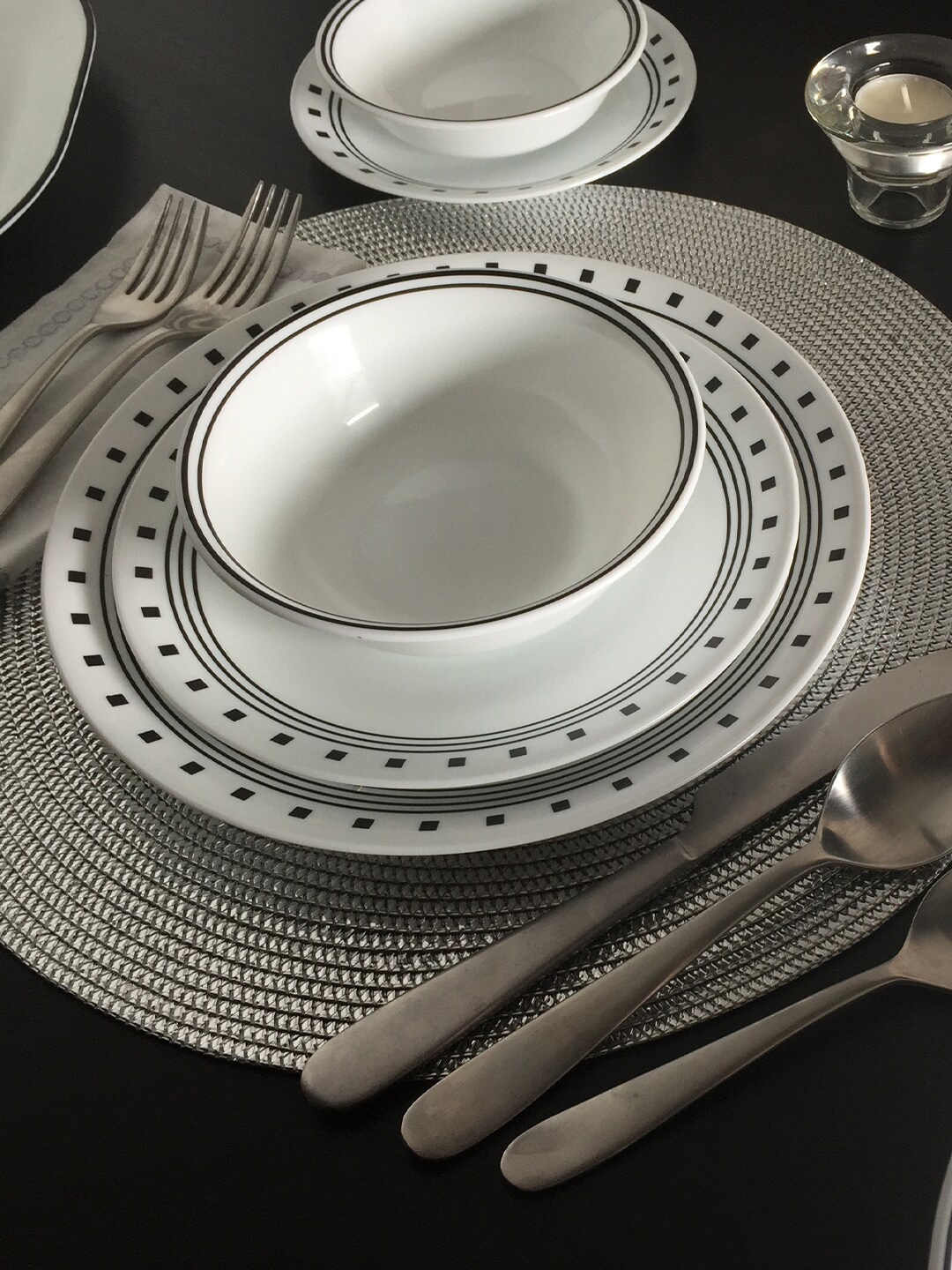 

Corelle Set Of 6 Dishwasher And Microwave Safe Geometric Printed Glossy Bowls 177 ML Each, White