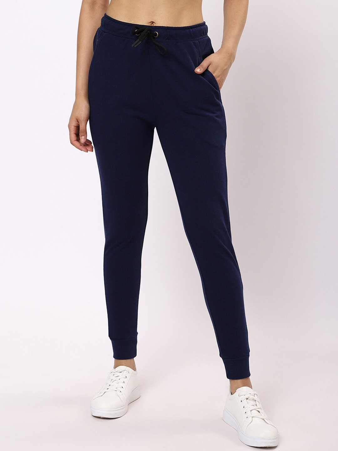 

Bewakoof Women Blue Solid Cotton Slim-Fit Joggers, Navy blue