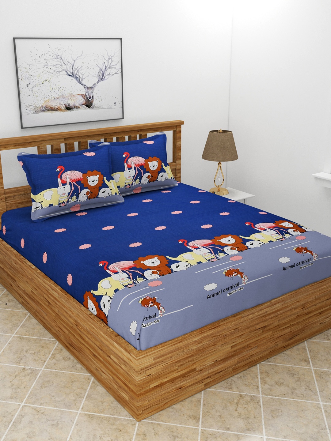 MORADO Blue & Beige Cartoon Characters 180 TC Queen Bedsheet with 2 Pillow Covers