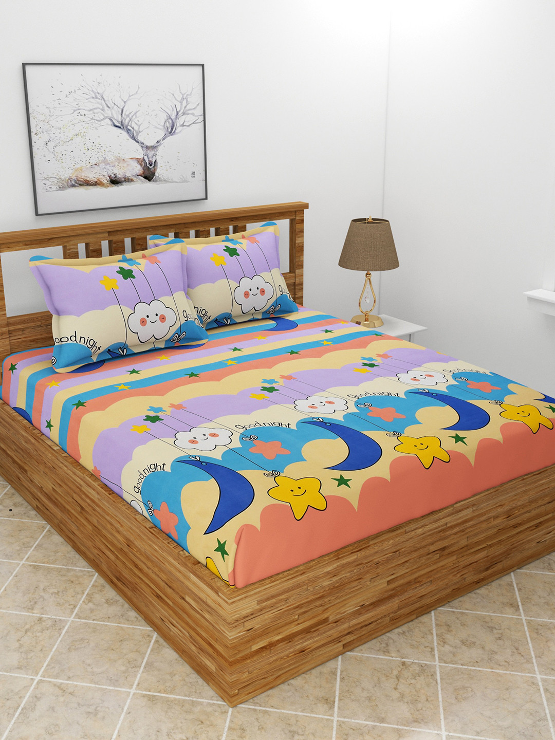 

MORADO Conversational 180 TC Queen Bedsheet with 2 Pillow Covers, Blue