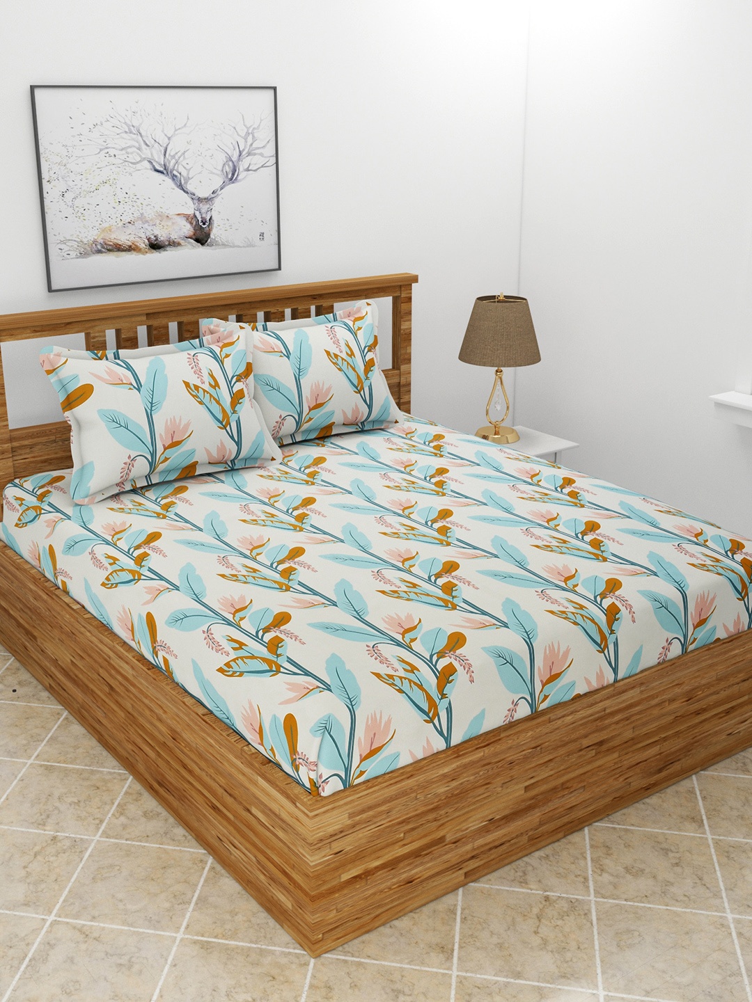 

MORADO Green & Cream-Coloured Floral 210 TC Queen Bedsheet with 2 Pillow Covers