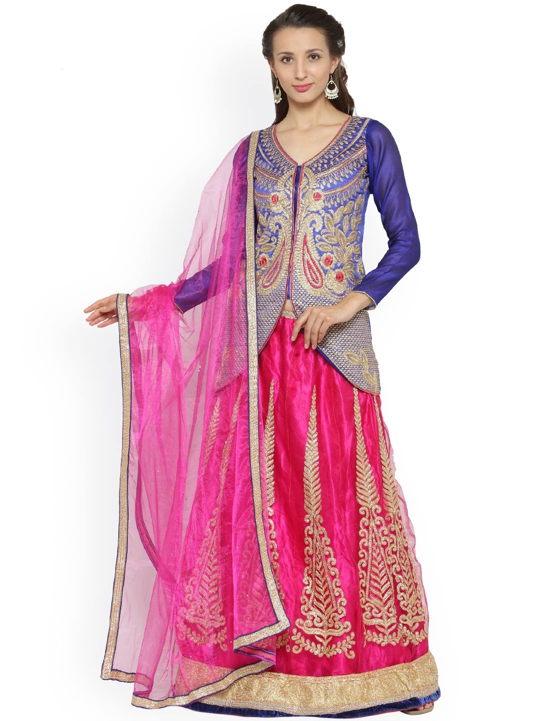 

Chhabra 555 Pink & Blue Embroidered Net Semi-Stitched Lehenga Choli with Dupatta & Jacket