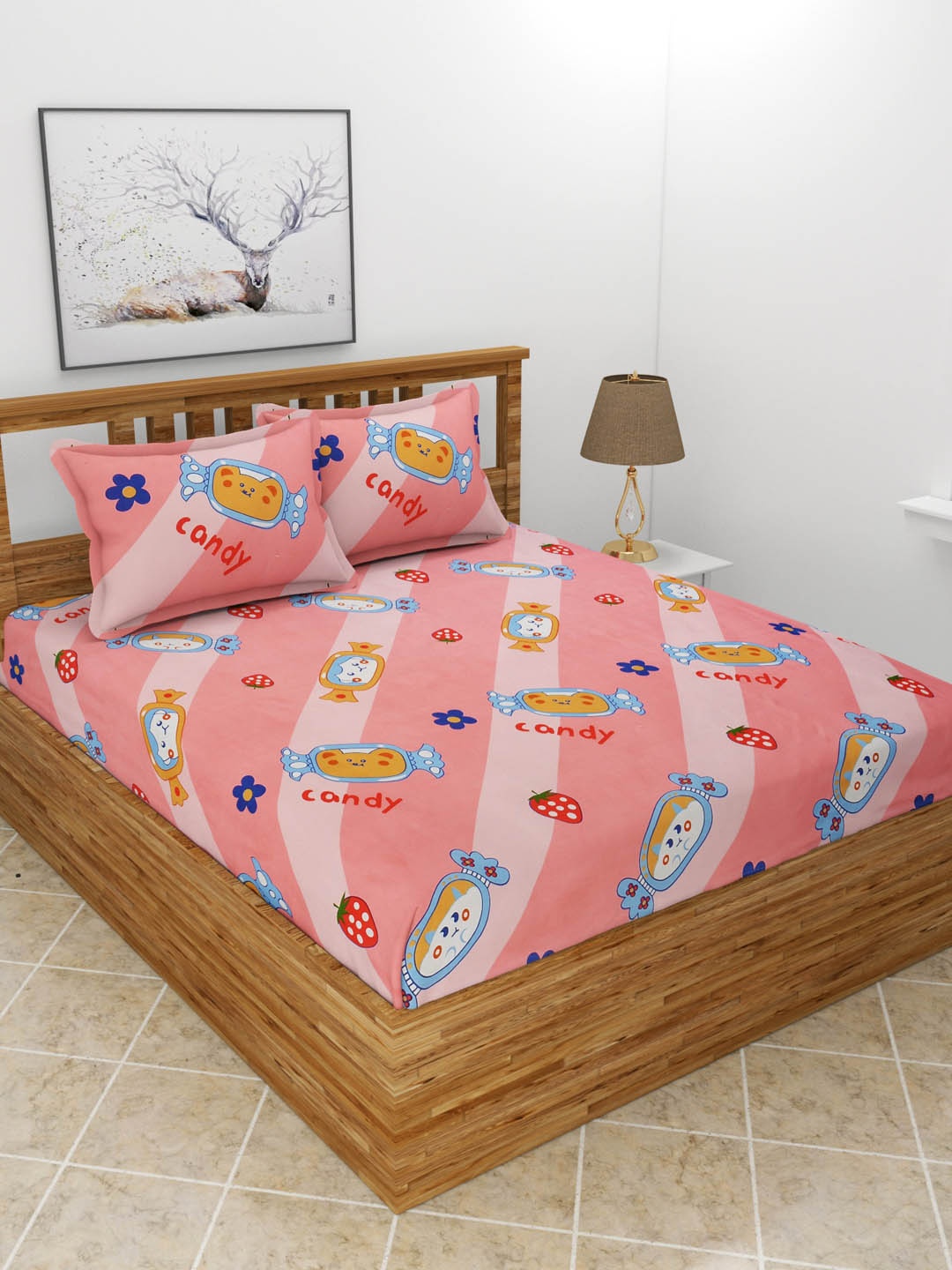 

MORADO Conversational 210 TC Queen Bedsheet with 2 Pillow Covers, Pink