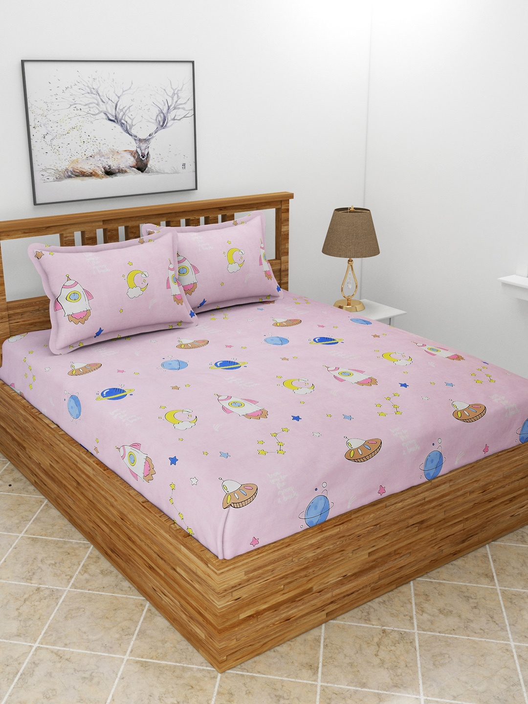 

MORADO Pink & Blue Graphic 210 TC Queen Bedsheet with 2 Pillow Covers