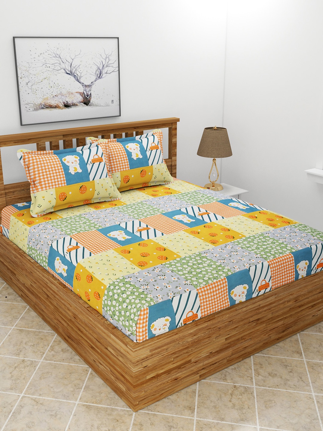 

MORADO Yellow & Blue Graphic 210 TC Queen Bedsheet with 2 Pillow Covers