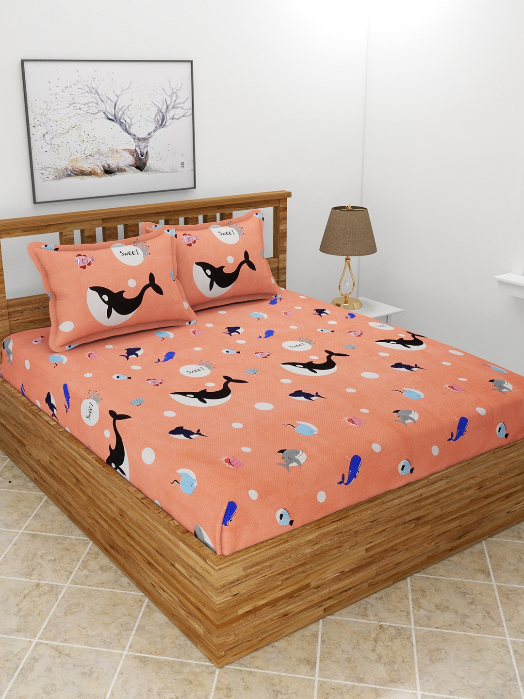 

MORADO Pink & Blue Graphic 210 TC Queen Bedsheet with 2 Pillow Covers