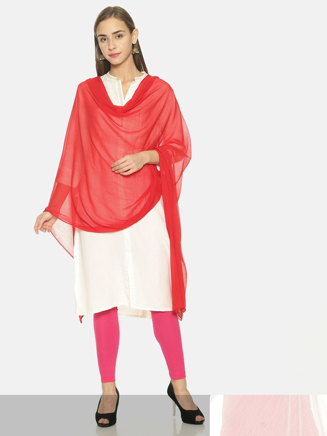 

TWIN BIRDS Set Of 2 Solid Nylon chiffon Light-weight Dupatta, Red