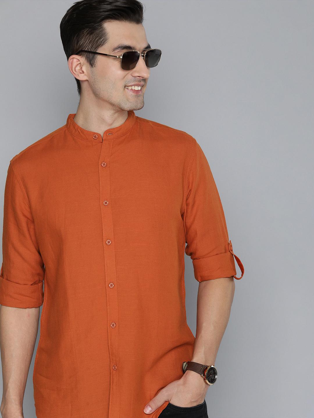 

HERE&NOW Men Orange Pure Cotton Slim Fit Casual Shirt