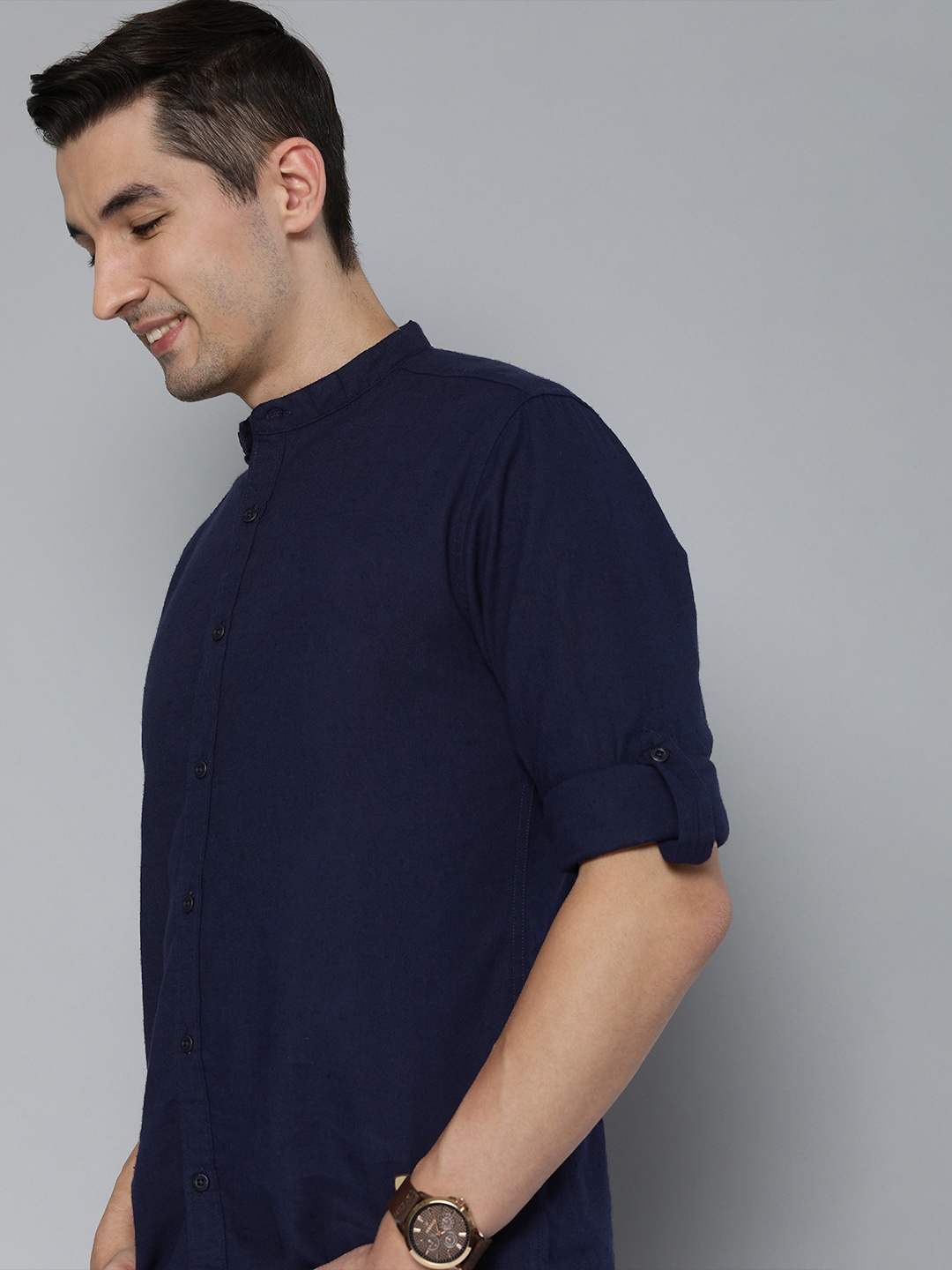 

HERE&NOW Men Navy Blue Pure Cotton Slim Fit Casual Shirt