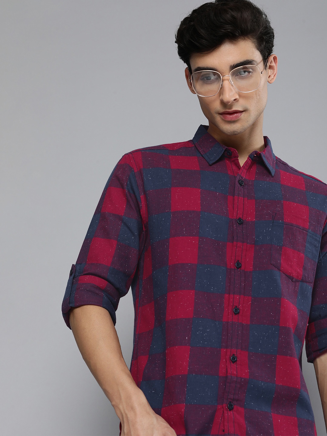 

HERE&NOW Men Navy Blue Slim Fit Shepherd Checked Casual Shirt