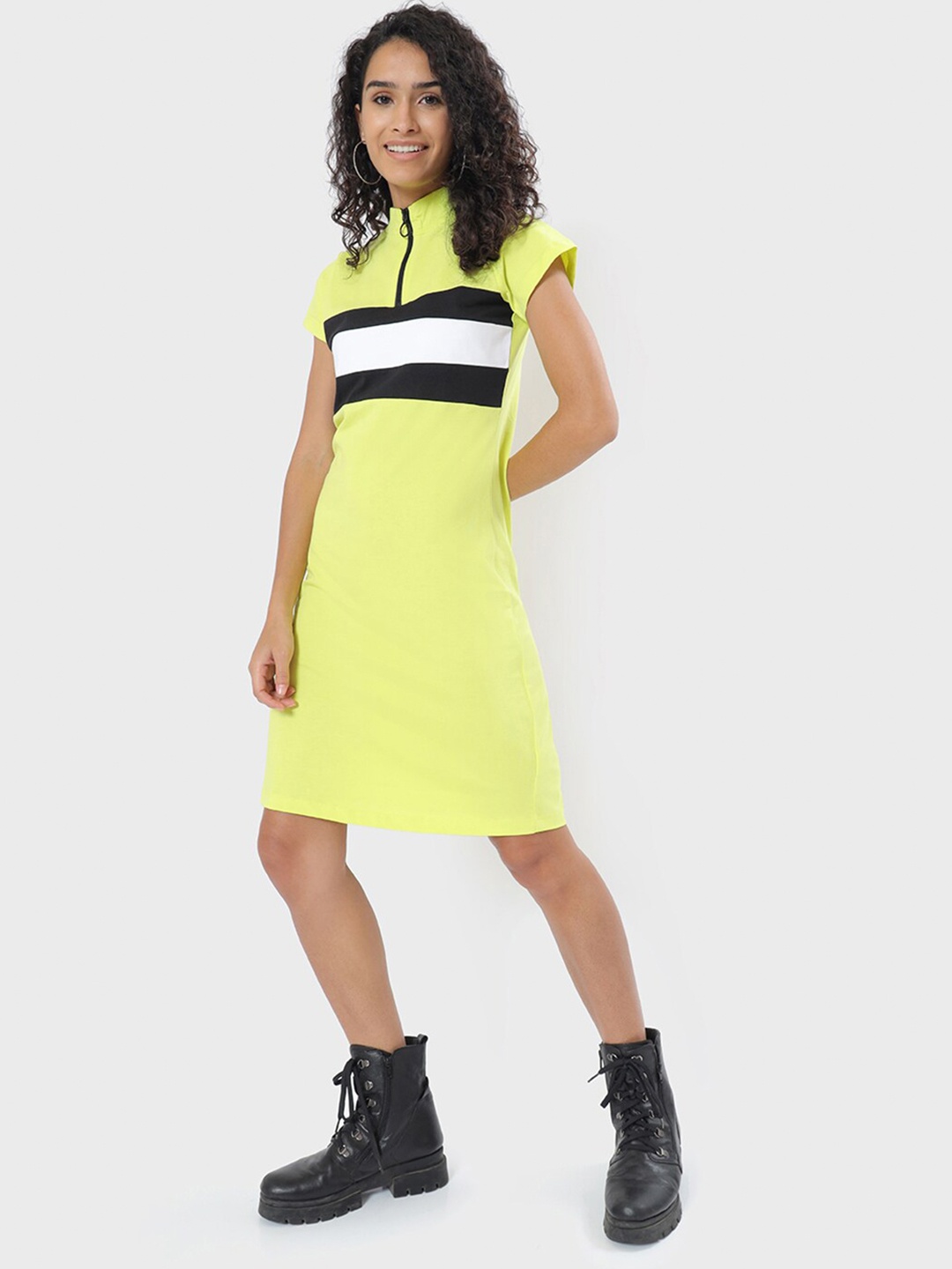 

Bewakoof Women Yellow & Black Striped High Neck T-shirt Dress
