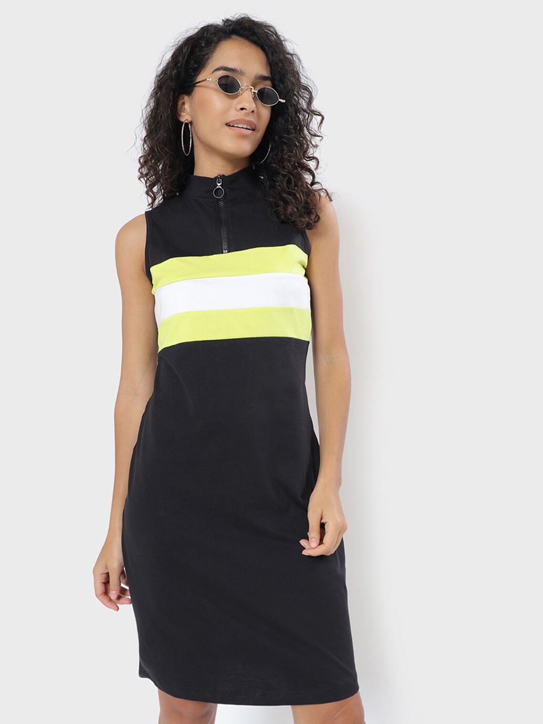 

Bewakoof Women Black & Yellow Striped High Neck Sheath Dress