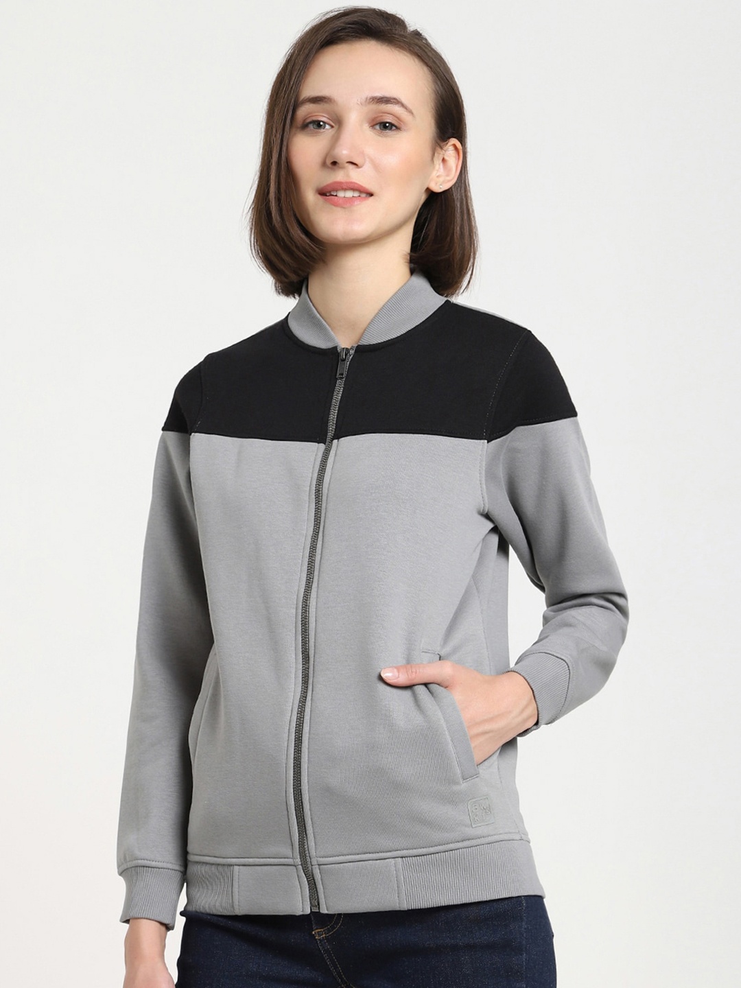 

Bewakoof Women Grey Colourblocked Lightweight Bomber Jacket