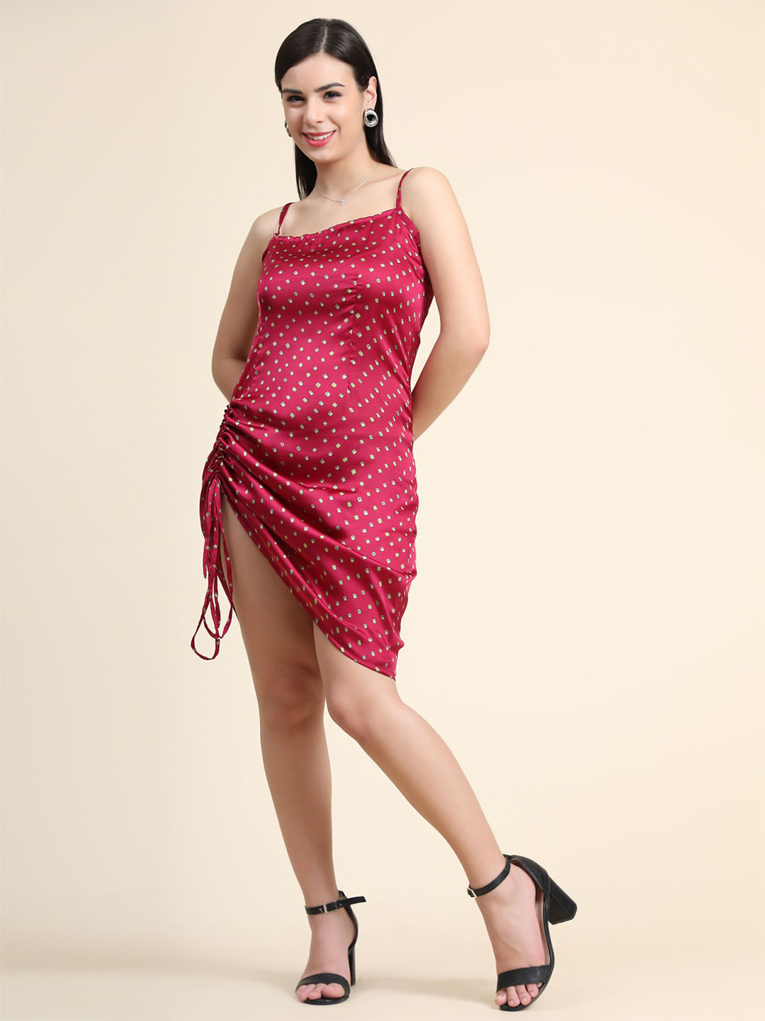 

Phenav Red & Green Satin Sheath Mini Dress