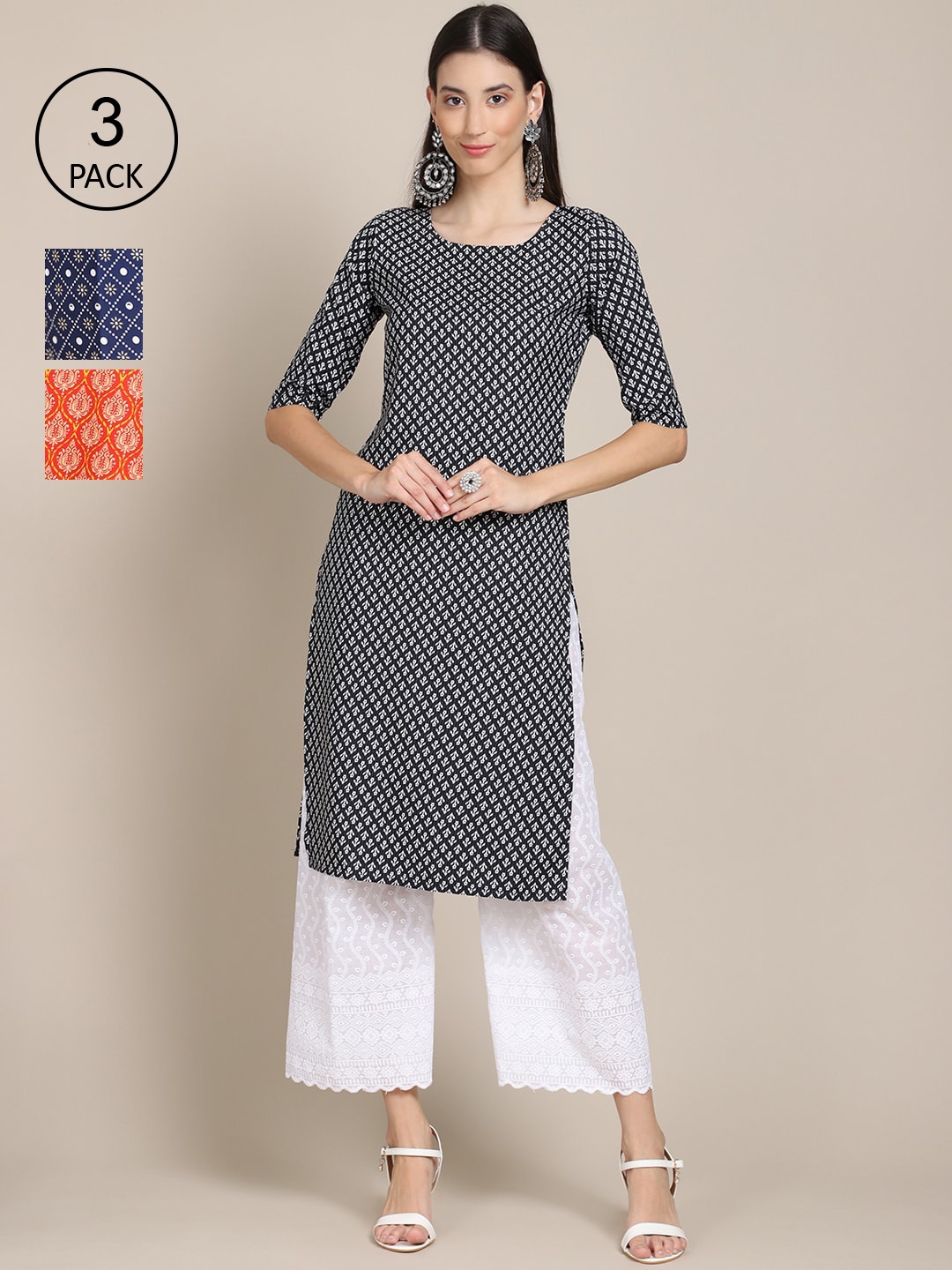 

Ethnic basket Women Navy Blue & Black Ethnic Motifs Printed Block Print Crepe Kurta