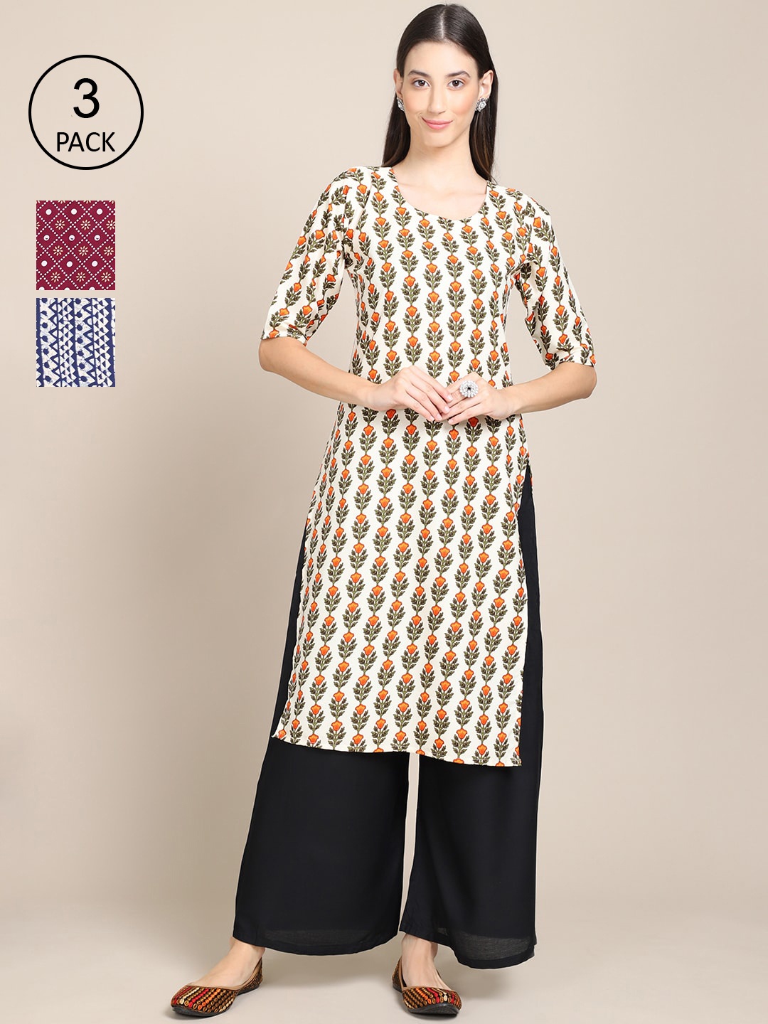 Ethnic basket Women Pack Of 3 Cream-Coloured & Maroon Ethnic Motifs Printed Crepe Kurta