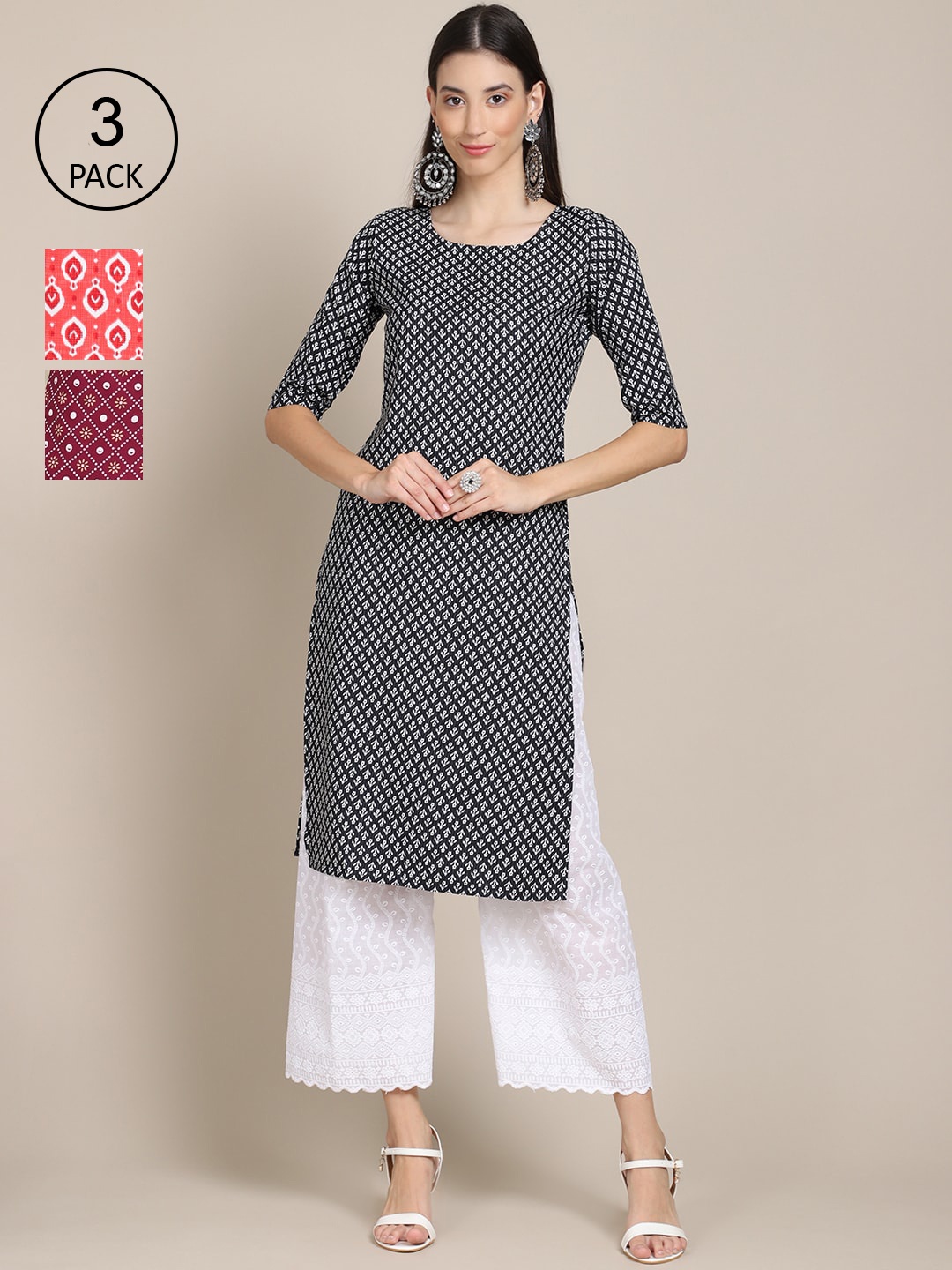 

Ethnic basket Women Pack Of 3 Printed Block Print Crepe Straight Kurta, Black