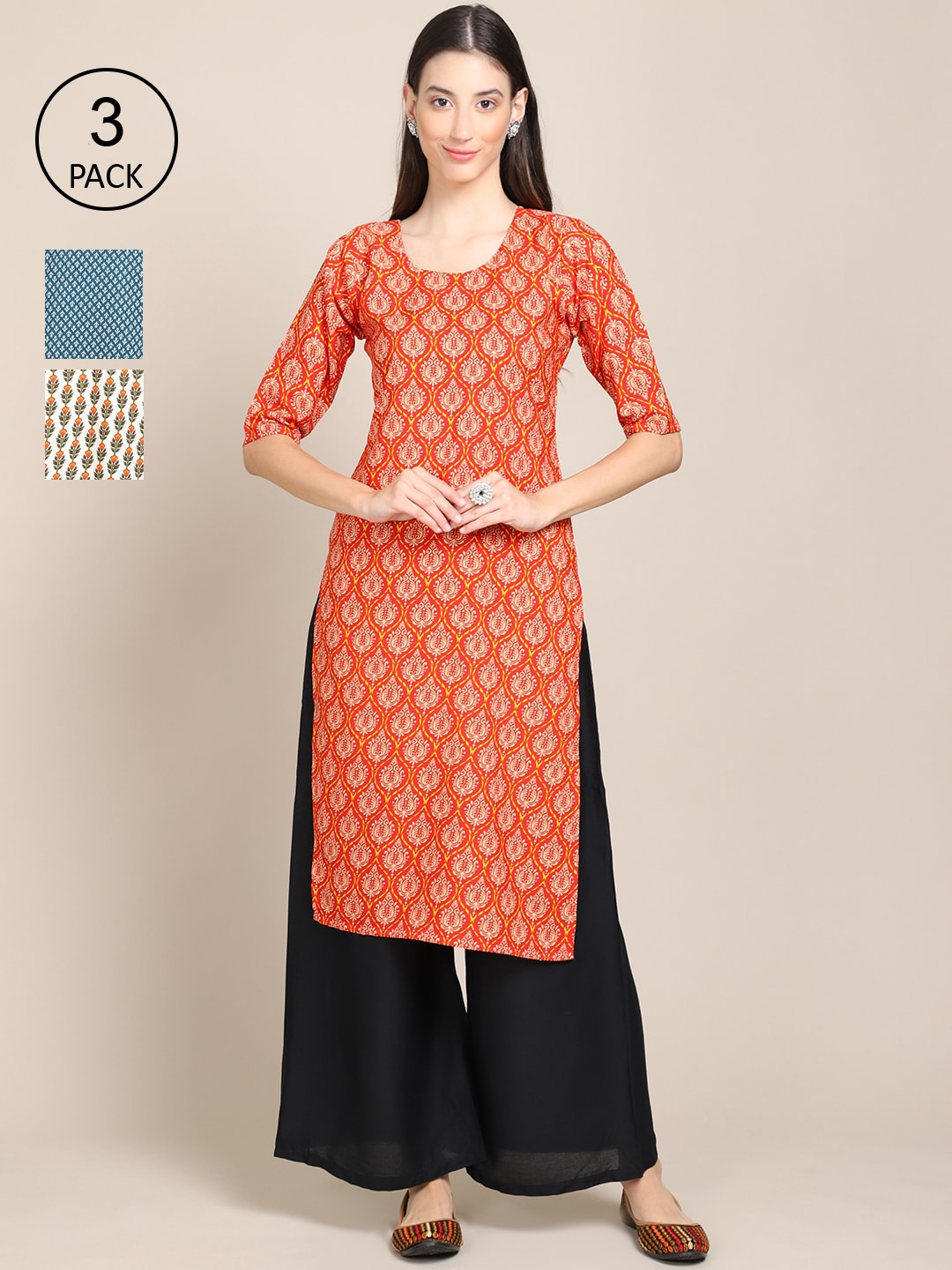 

Ethnic basket Women Pack of 3 Printed Crepe Kurtas, Orange