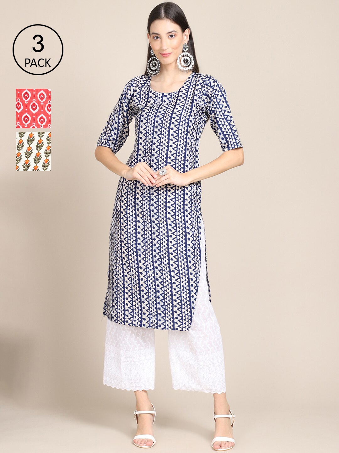 

Ethnic basket Women Pack of 3 Floral Printed Crepe Straight Kurta, Blue