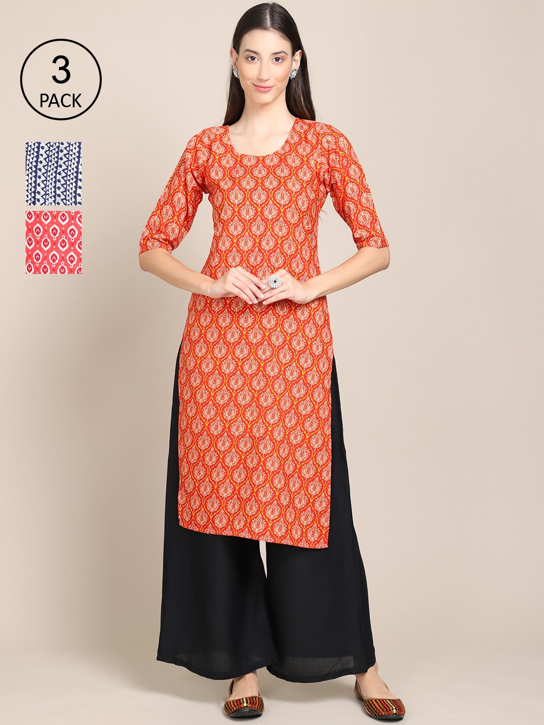 

Ethnic basket Women Pack of 3 Printed Crepe Kurtas, Orange