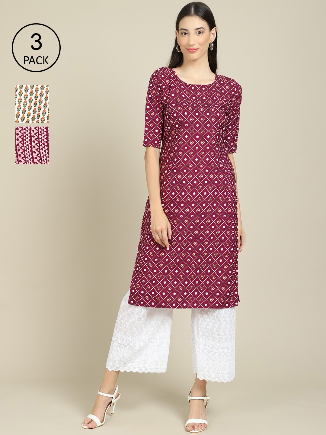 

Ethnic basket Women Pack Of 3 Printed Block Print Crepe Straight Kurta, Purple