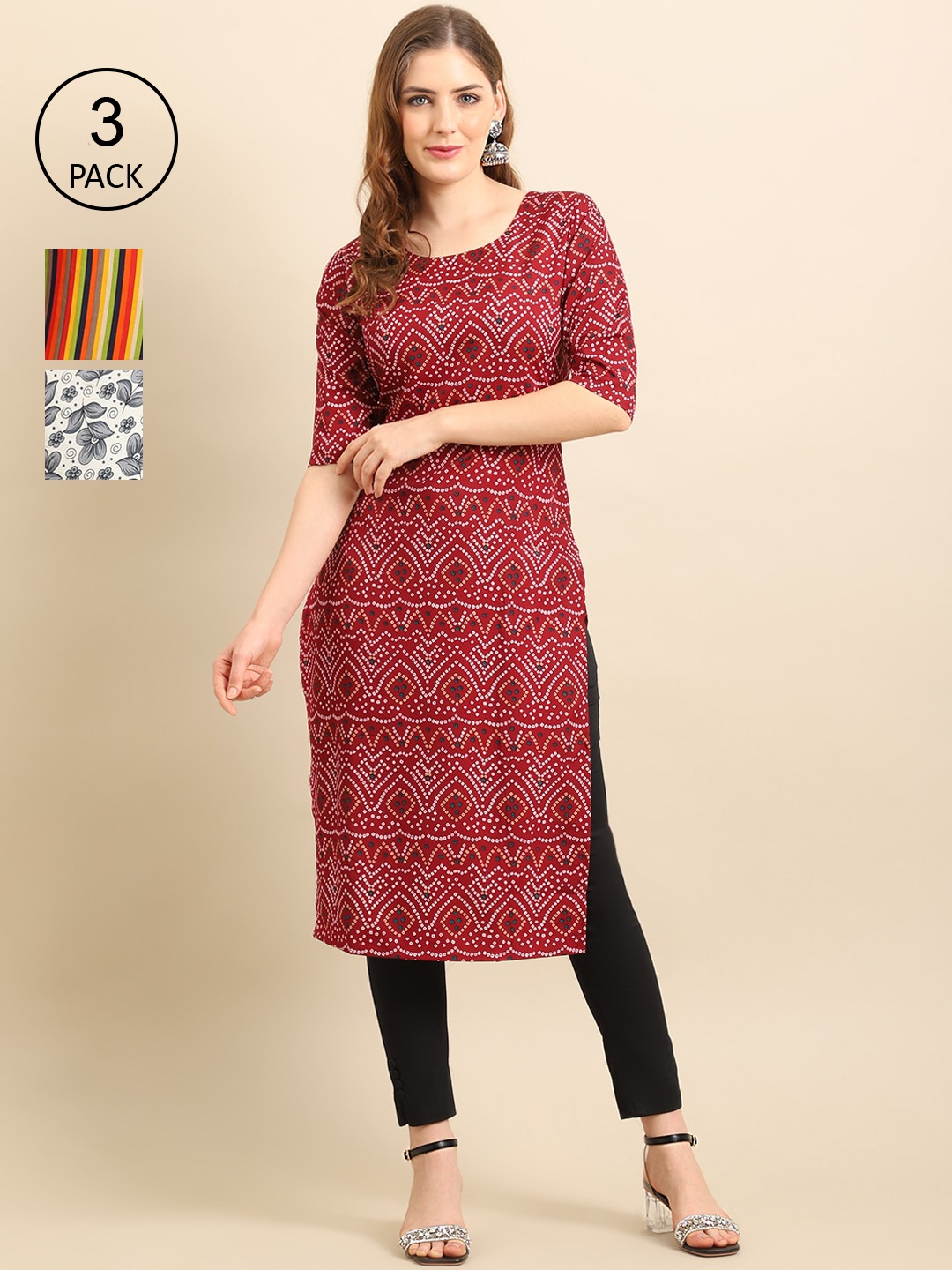 

Ethnic basket Women Pack Of 3 Ethnic Motifs Printed Crepe Kurta, Maroon