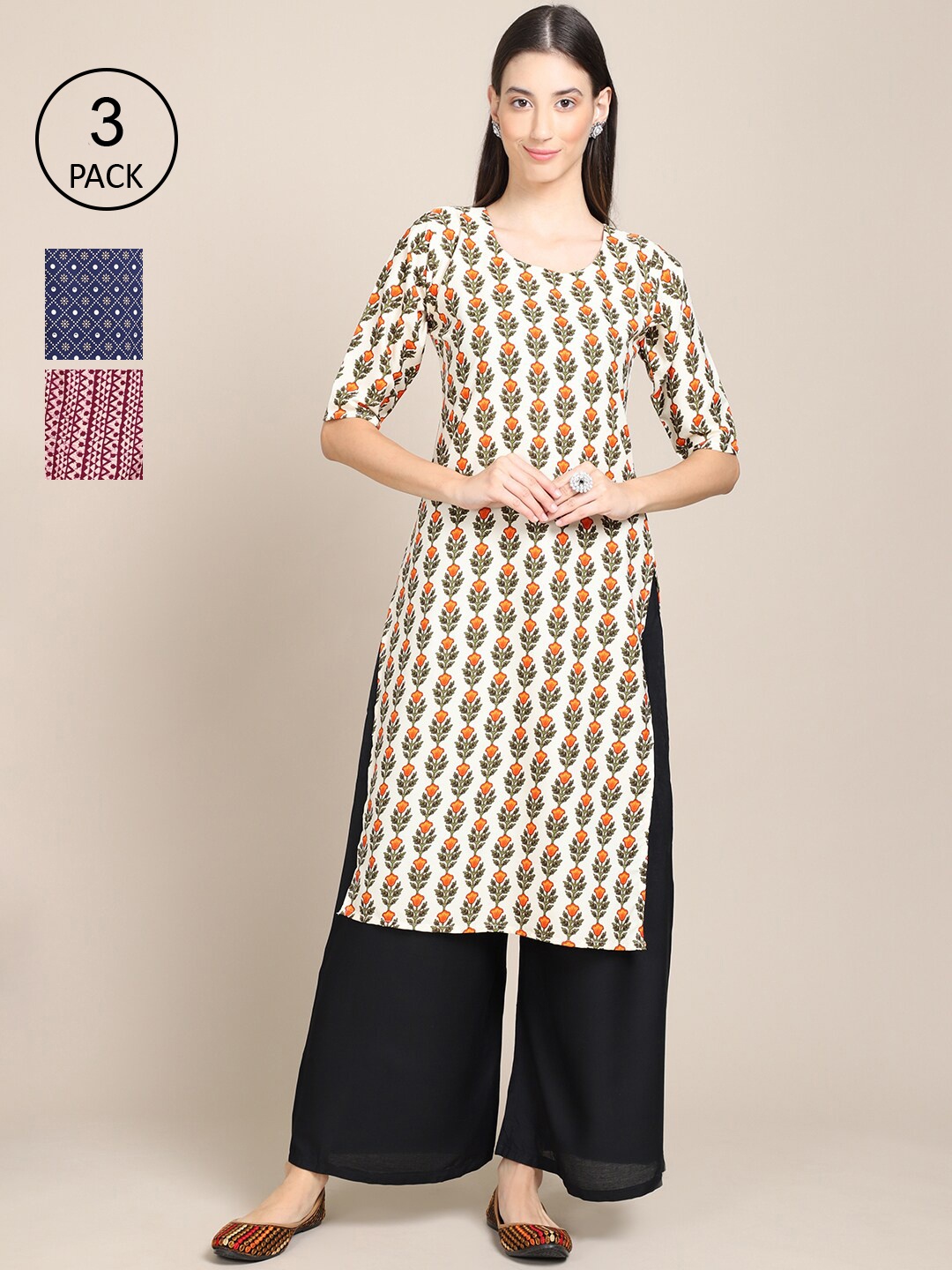 

Ethnic basket Women Pack Of 3 Ethnic Motifs Printed Block Print Crepe Kurta, Cream