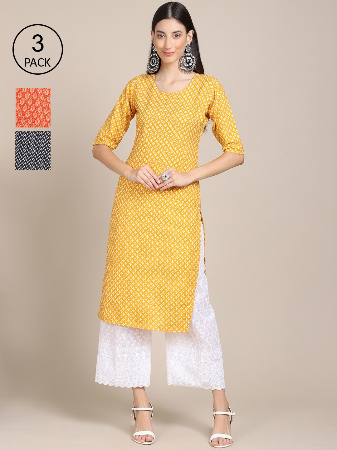 

Ethnic Basket Stylish Women's Crepe Printed Straight Kurta (Pack of 3), Yellow