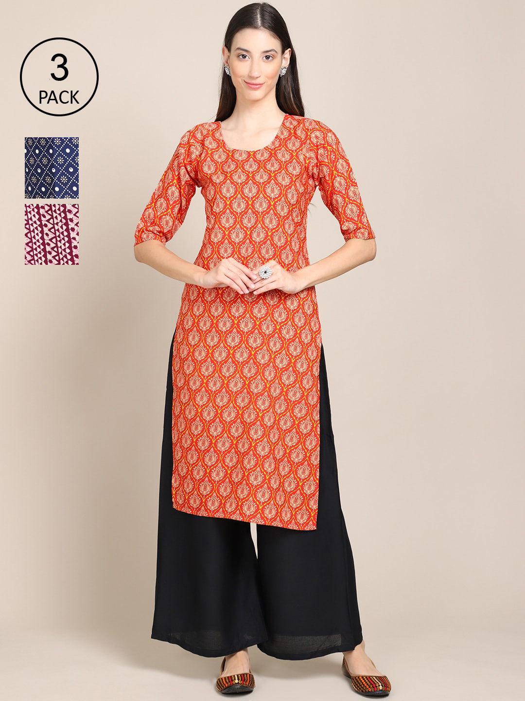 

Ethnic basket Women Pack Of 3 Printed Block Print Crepe Straight Kurta, Orange