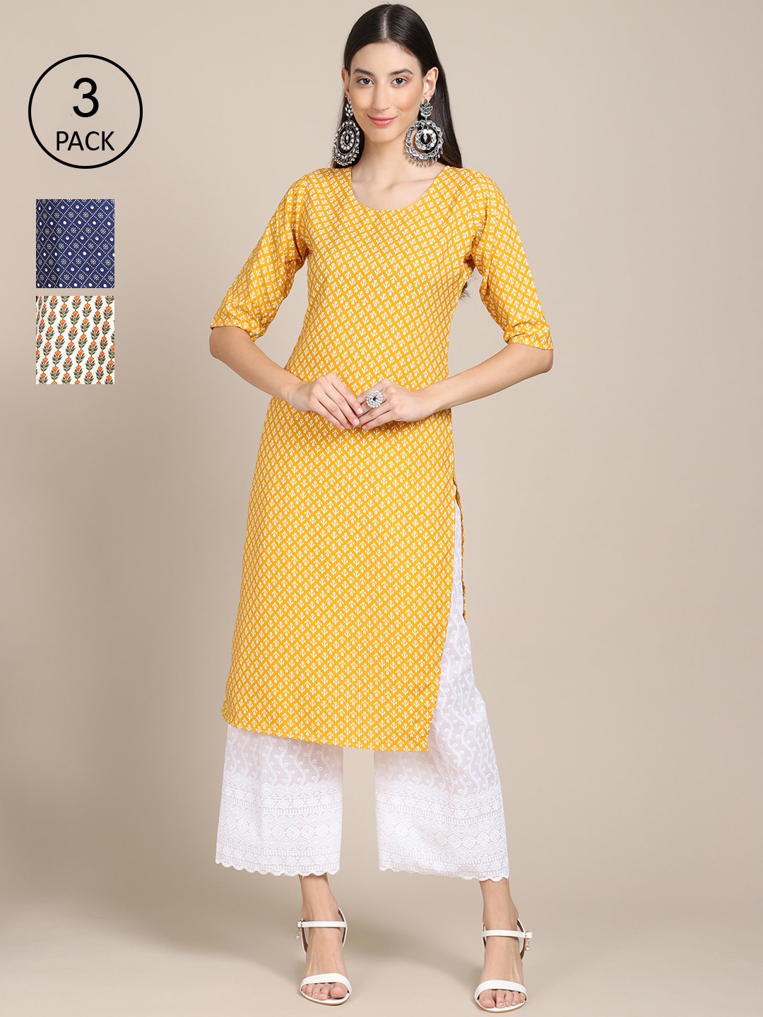 

Ethnic basket Women Pack Of 3 Yellow & Blue Floral Printed Crepe Kurta