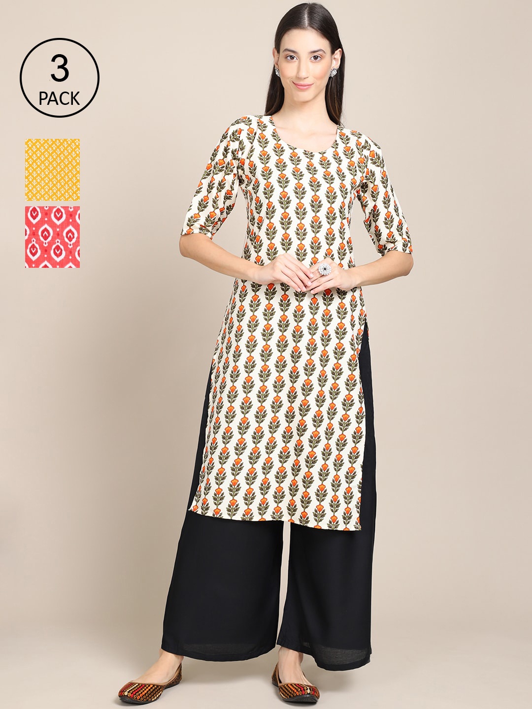 

Ethnic basket Women Pack of 3 Floral Printed Crepe Kurta, Cream