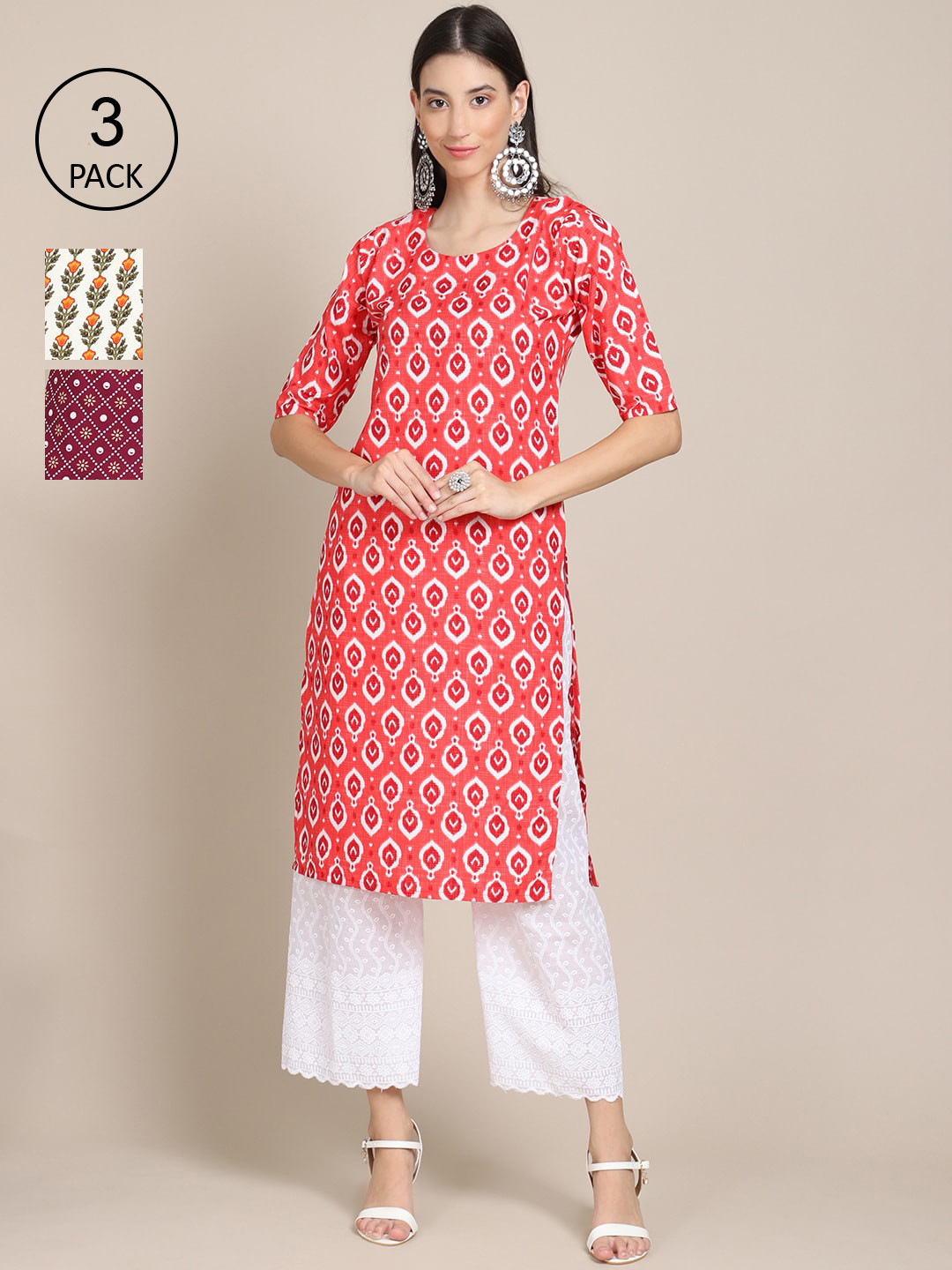 

Ethnic basket Women Pack Of 3 Printed Block Print Crepe Straight Kurta, Red