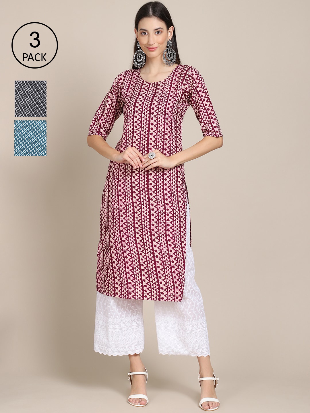 

Ethnic basket Women Maroon & Black Geometric Printed Block Print Crepe Kurta