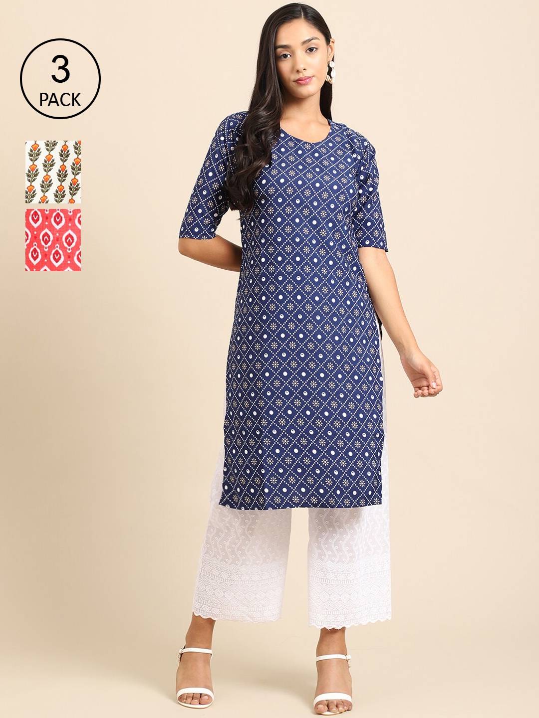 Ethnic basket Women Pack Of 3 Block Print Crepe Kurta, Navy blue
