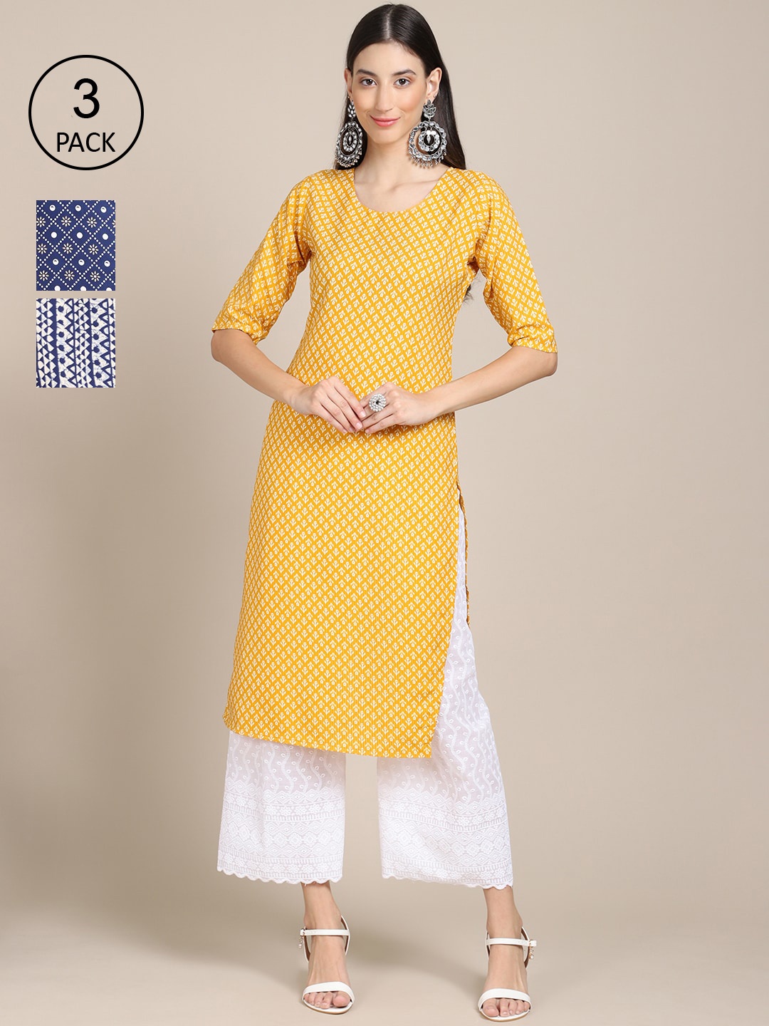 

Ethnic basket Women Pack of 3 Ethnic Motifs Printed Crepe Kurta, Yellow