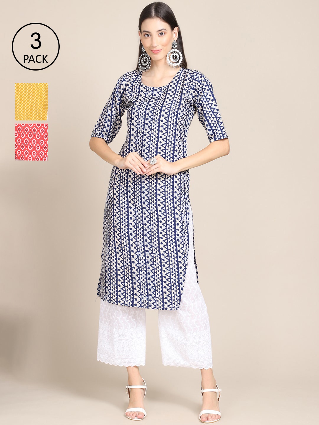 

Ethnic basket Women Pack Of 3 Printed Block Print Crepe Straight Kurta, Yellow