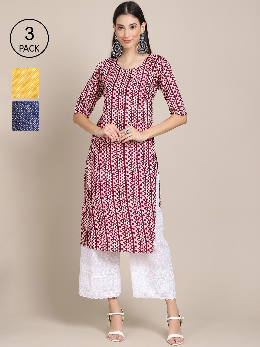 

Ethnic basket Pack of 3 Women Ethnic Motifs Printed Block Print Crepe Kurta, Maroon