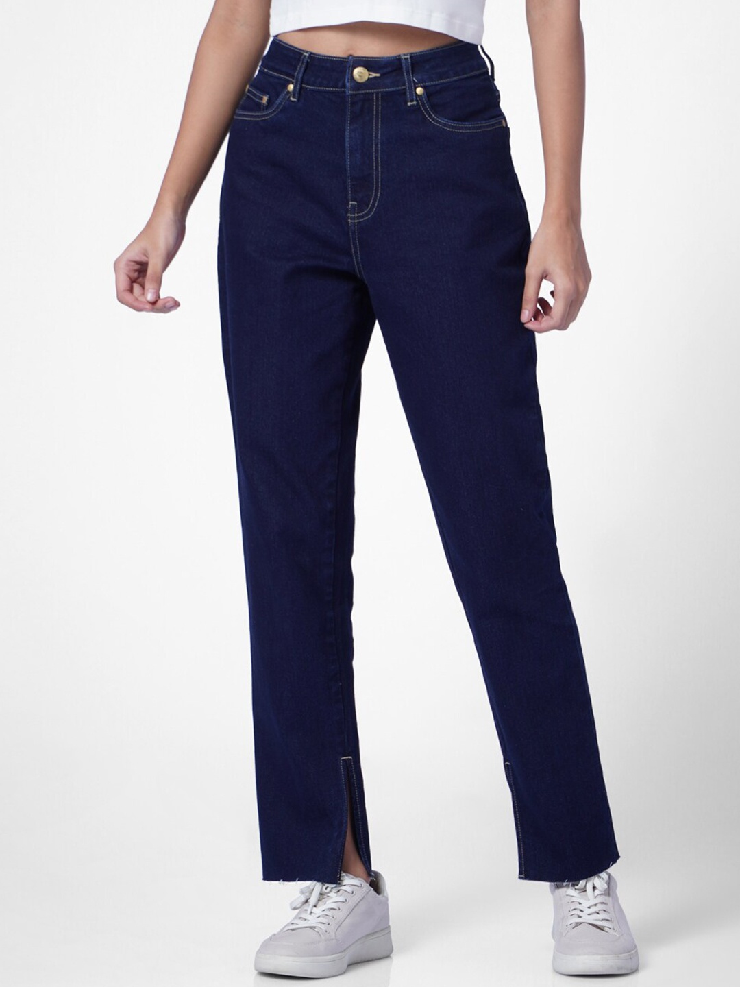 ONLY Women Blue Straight Fit High-Rise Low Distress Jeans