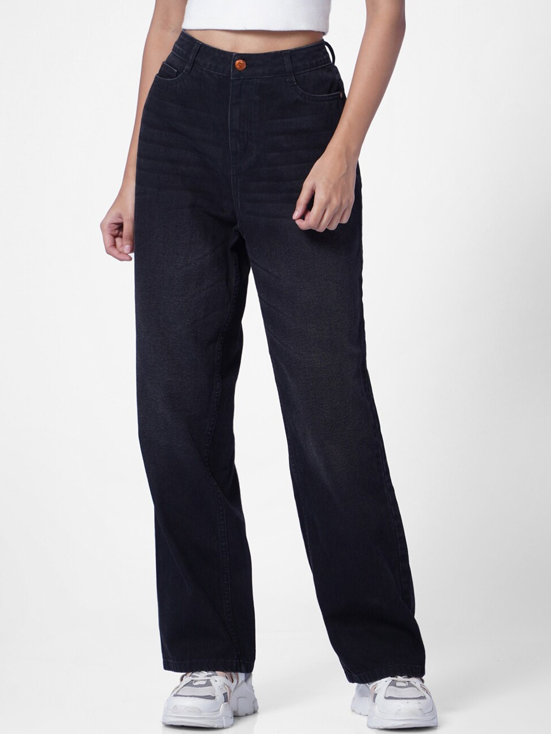 

ONLY Women Black Relaxed Fit High-Rise Low Distress Light Fade Jeans