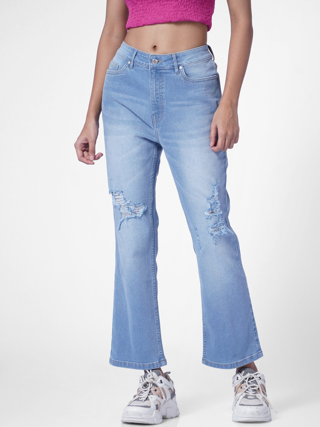 

ONLY Women Blue Flared High-Rise Mildly Distressed Heavy Fade Jeans