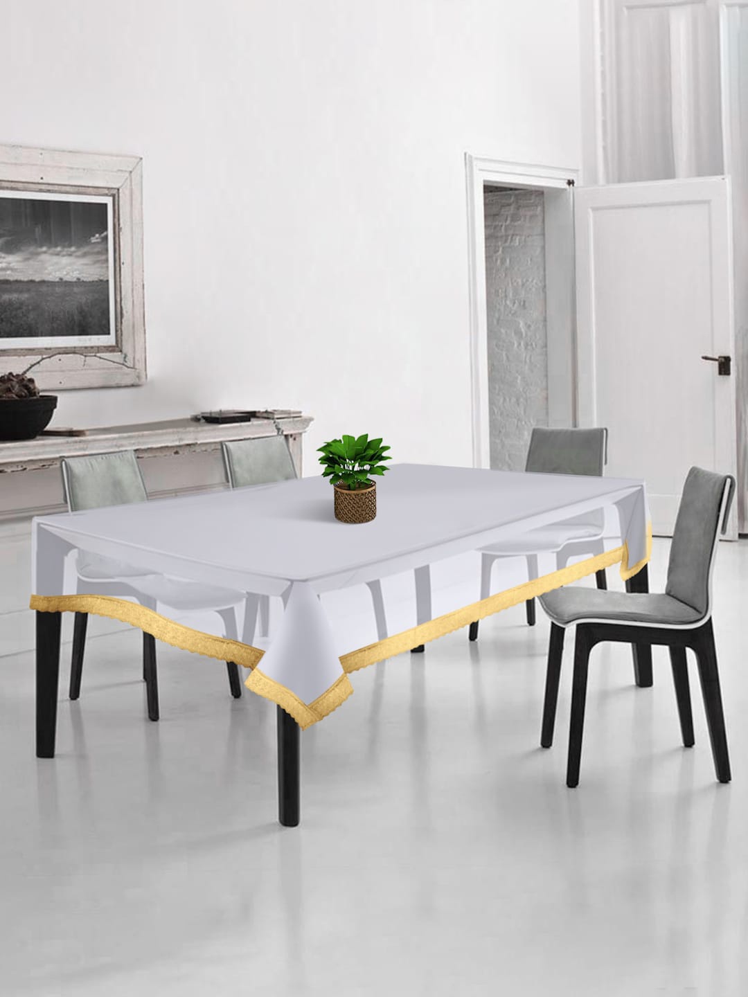 

HOSTA HOMES Transparent & Gold-Toned Lace 4-Seater Table Cover