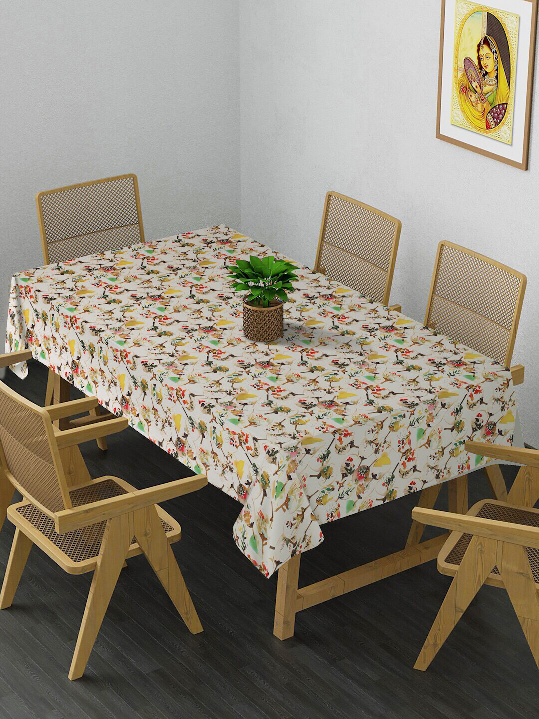 

HOSTA HOMES Cream Colored & Red Floral Printed Cotton 6 Seater Table Covers