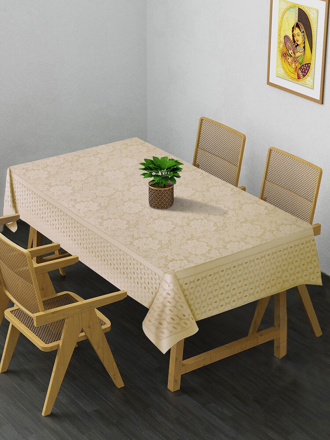 HOSTA HOMES Beige Self-Embossed 4 Seater Table Cover
