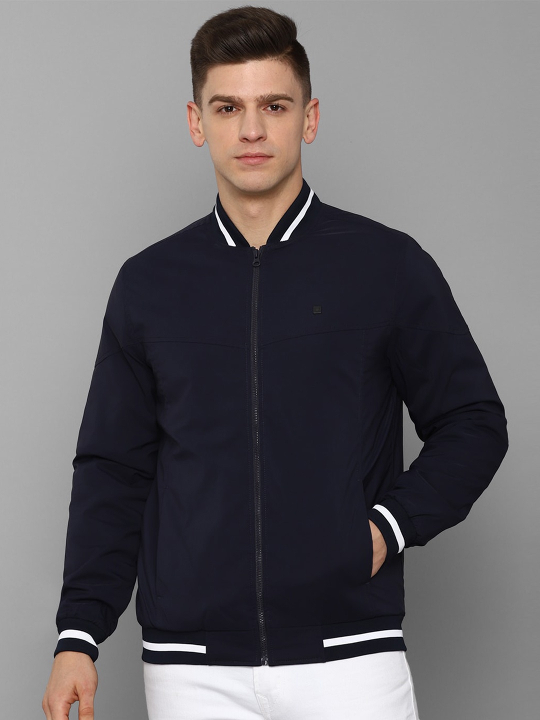 

Allen Solly Men Navy Blue Solid Bomber Jacket