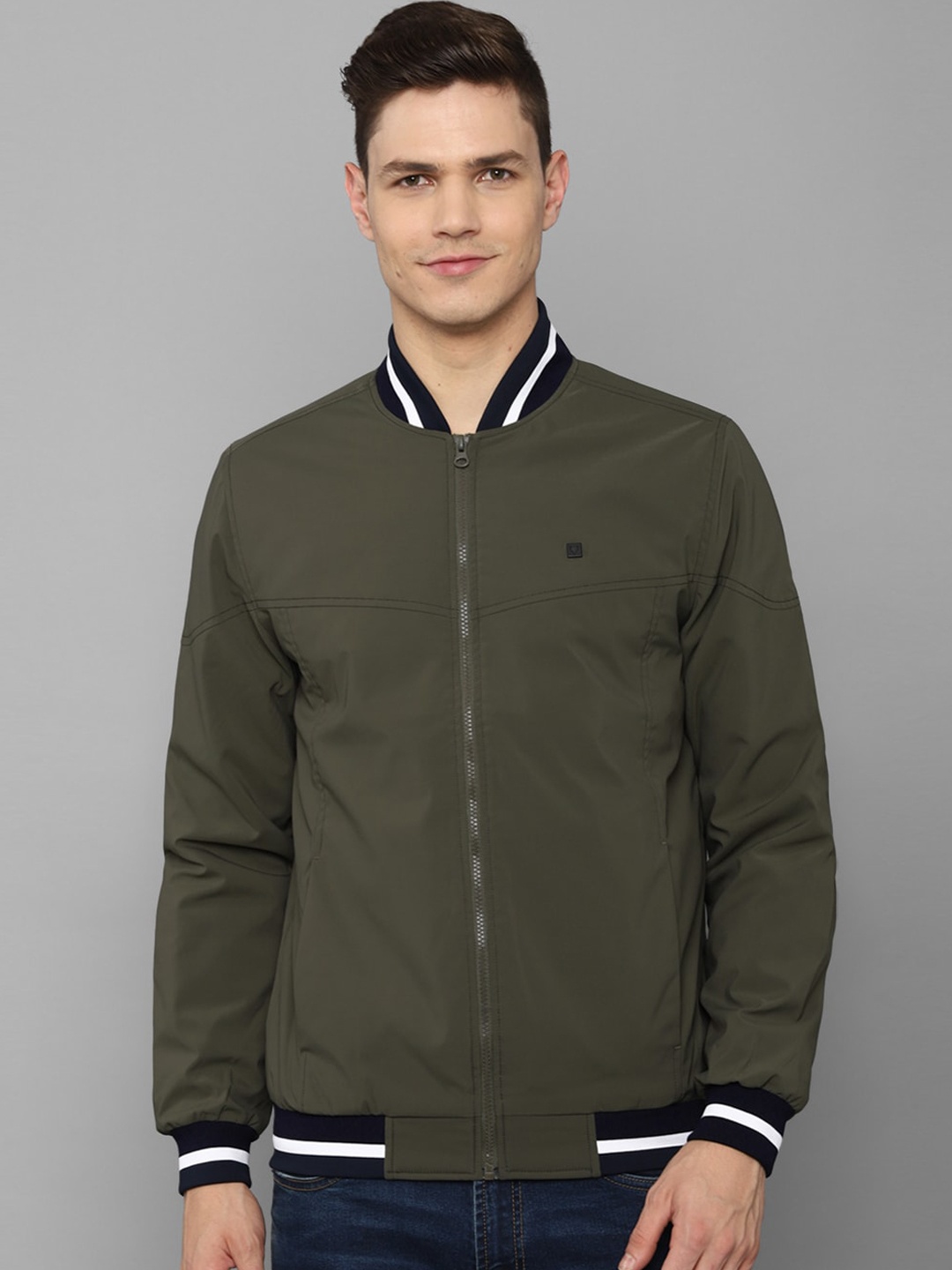 

Allen Solly Men Olive Green Solid Bomber Jacket