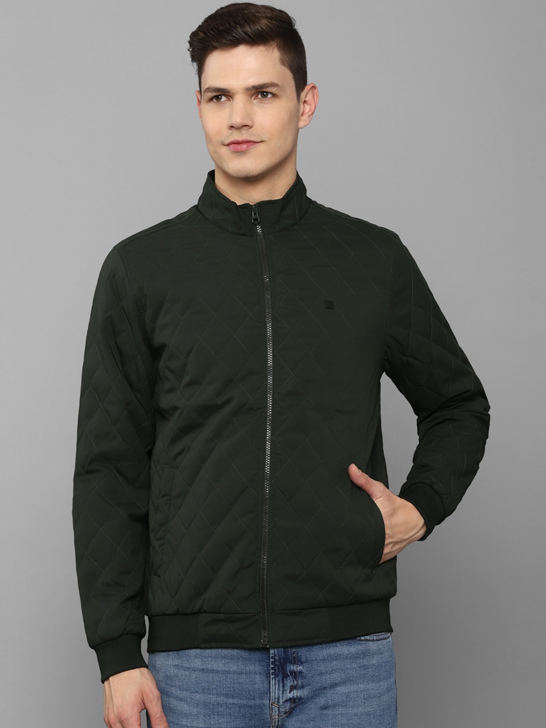 

Allen Solly Men Green Solid Stand Collar Long Sleeves Quilted Jacket