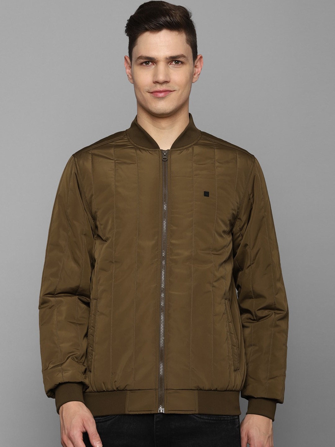 

Allen Solly Men Olive Green Solid Mandarin Collar Long Sleeves Bomber Jacket