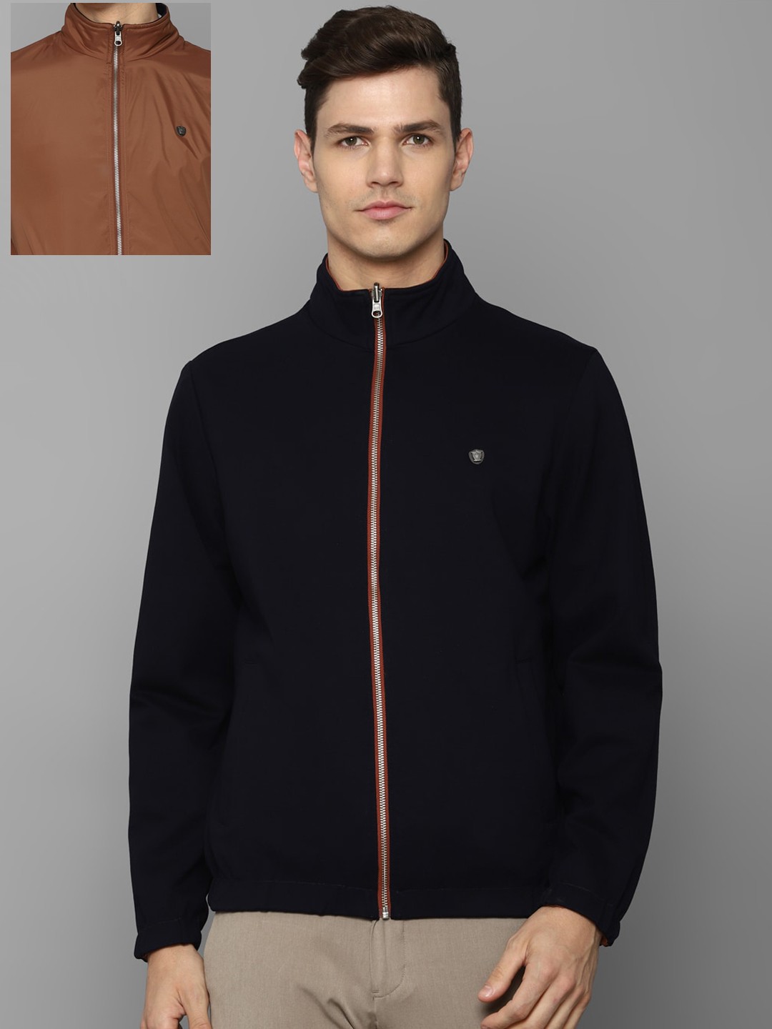 

Louis Philippe Men Navy Blue And Brown Solid Reversible Sporty Jacket