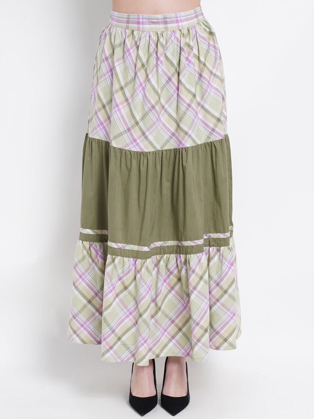 

Purple State Women Green Checked Flared Maxi Pure Cotton Skirts