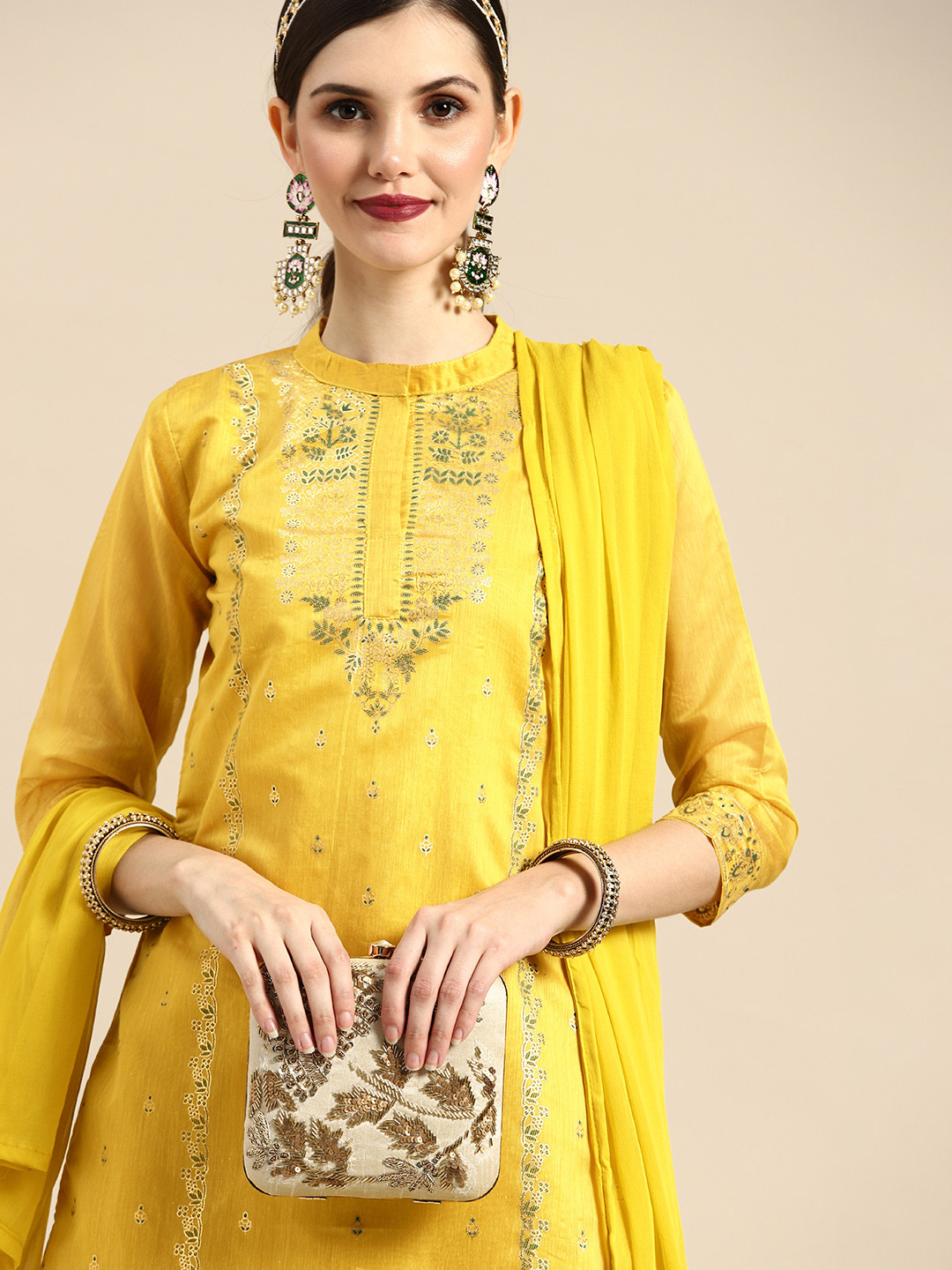 

Sangria Women Mustard Yellow Ethnic Motifs Printed Kurta with Trousers & With Dupatta